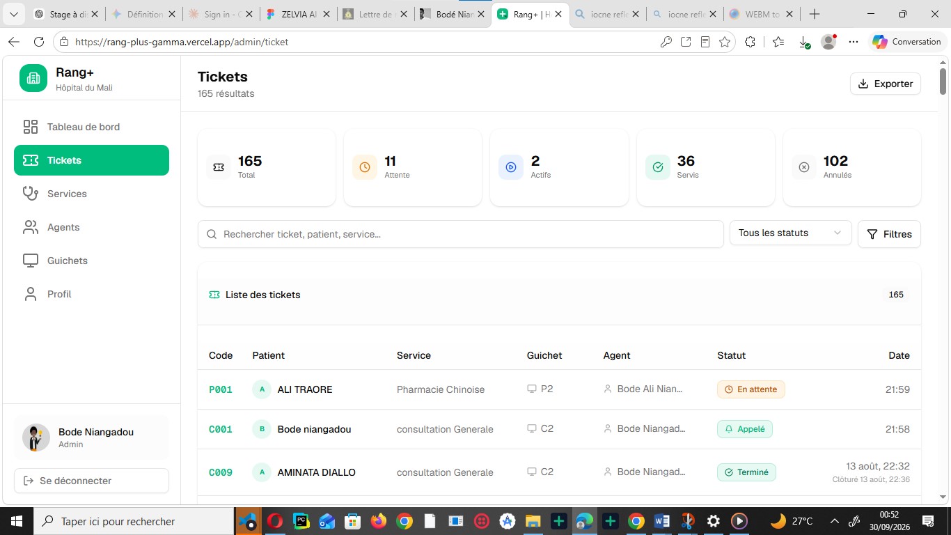 Vue administrative Rang+ avec indicateurs des tickets